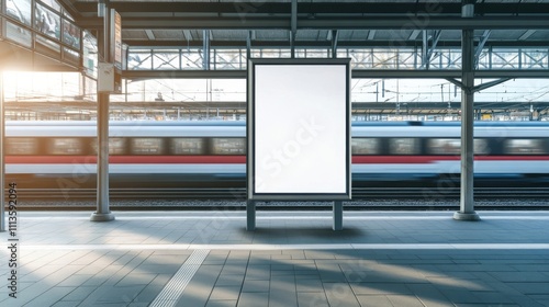 Train speeds past a empty advertisement board at a bustling city station duri...
