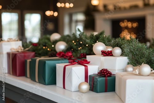 Beautifully wrapped Christmas gifts arranged on a table with festive decorati...