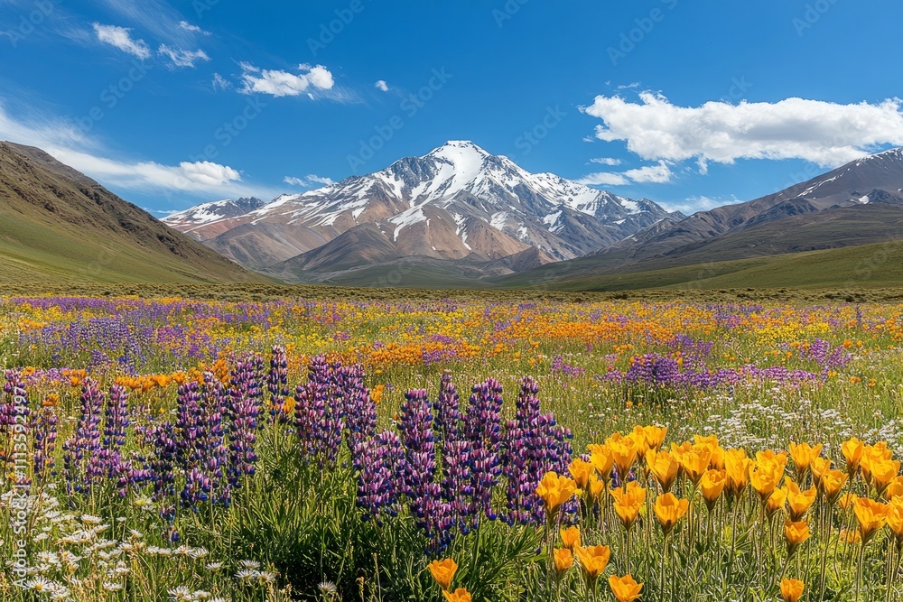 Vibrant wildflowers blooming in a stunning mountain landscape during spring. Generative AI Vibrant wildflowers blooming in a stunning mountain landscape during spring. Generative AI