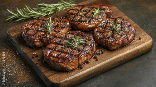 Grilled beef steaks arranged on a wooden platter with herbs and seasoning