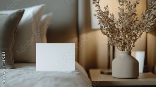 Elegant bedroom setting with a blank card and decorative dried flowers on the...