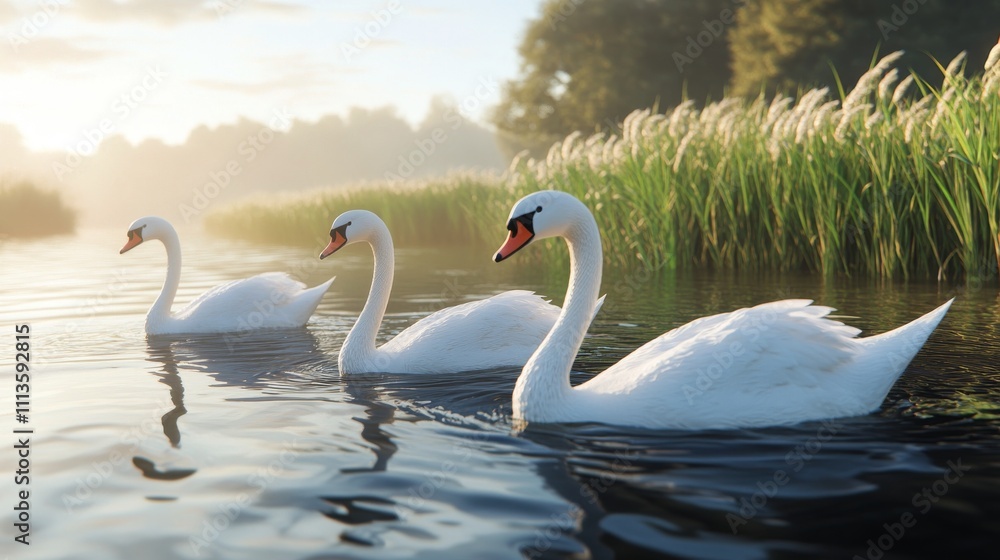 Obraz premium Elegant swans gliding on calm water in a serene natural setting at dawn