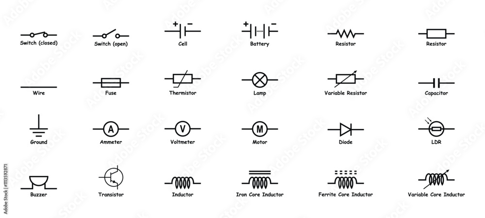 Electronic circuit symbols vector icon set. Electronic components ...