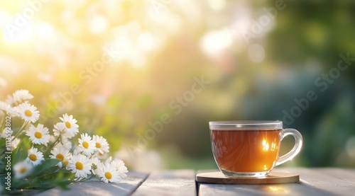 Enjoying herbal tea in a serene garden filled with blooming flowers during go...