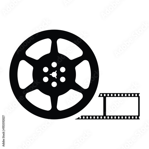 Film reel with movie strip vector icon. Twisted old cinema tape. Black silhouette isolated on white background.