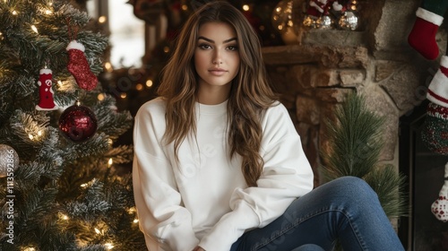 Young woman poses beside Christmas tree in cozy setting during holiday season