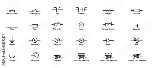 Electronic circuit symbols vector icon set. Electronic components. Schematic circuit diagrams. Switch, Cell, Battery, Resistor, Capacitor, Inductor, Wire, Fuse, Thermistor, Transistor, Lamp, Diode.