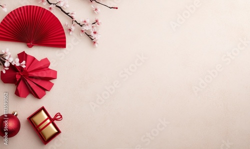 Decorative red and white elements arranged on a light background for a festiv...