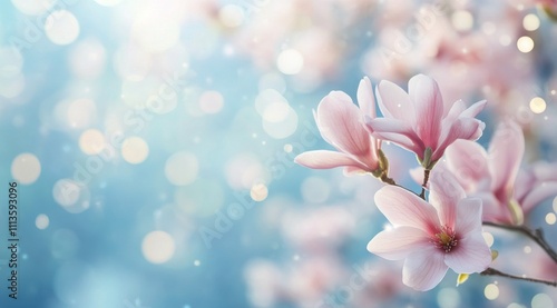 Beautiful magnolia blossoms in soft focus against a dreamy blue background with bokeh effects