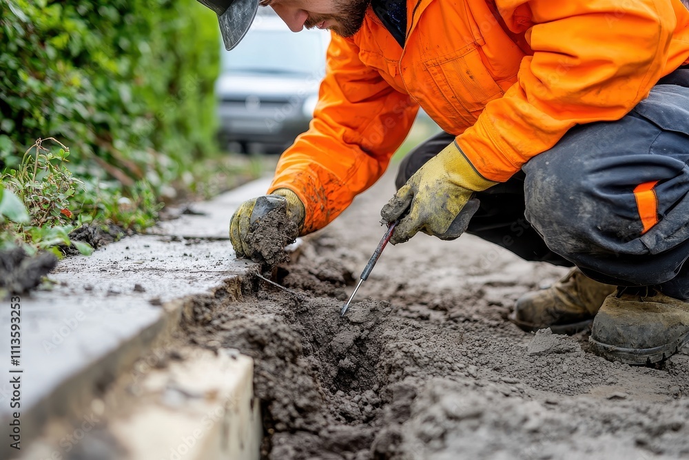 Worker in orange overalls carefully digs, using small tools to excavate soil. Image depicts meticulous groundwork, ideal for construction, repair, or landscaping projects. Worker in orange overalls carefully digs, using small tools to excavate soil. Image depicts meticulous groundwork, ideal for construction, repair, or landscaping projects.