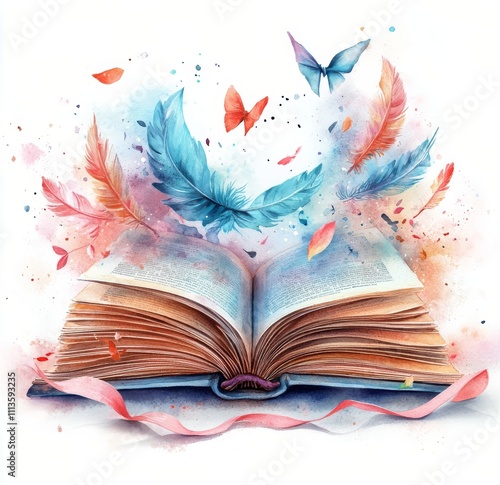 Colorful illustration showcasing an open book with floating feathers in a dre...
