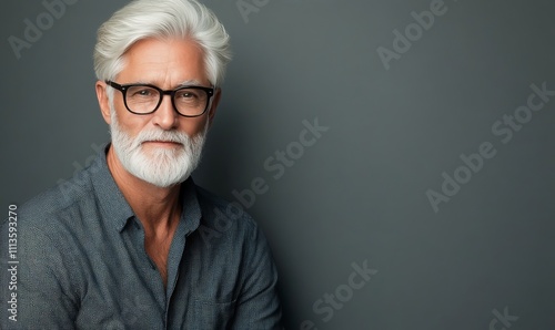 Senior man with gray hair and beard poses confidently against dark background