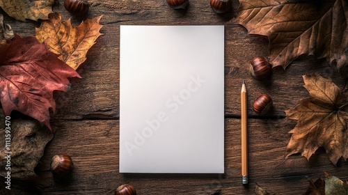 Blank paper with autumn leaves and nuts arranged on wooden table at cozy setting
