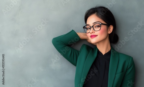 Confident woman in glasses poses in a stylish outfit against a neutral backgr...