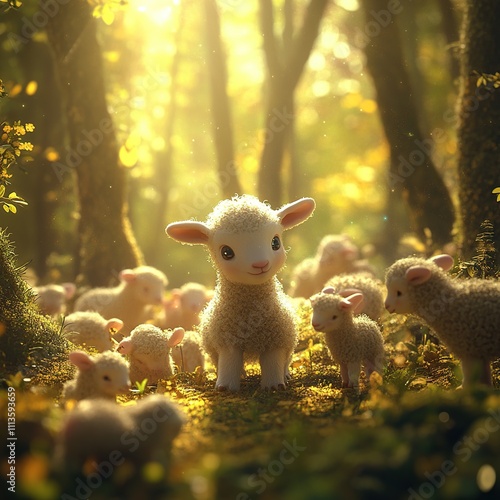 Cute lamb surrounded by its flock in a sunlit forest. photo