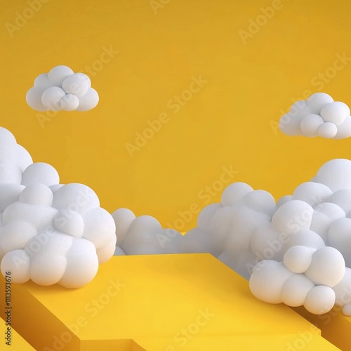 Bright yellow background with fluffy white clouds creating a cheerful atmosphere
