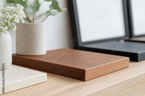 Elegant decorative display with a wooden panel and a vase on a rustic surface