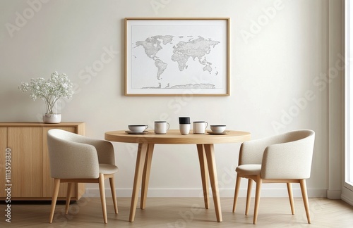 Modern dining area with a minimalist design featuring a round wooden table and map art