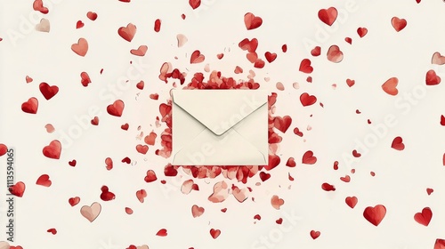 Colorful hearts surround a letter with a heart shaped seal floating against a...