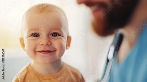 A pediatrician engages playfully with a smiling baby patient during a joyful routine checkup in a well-lit clinic setting