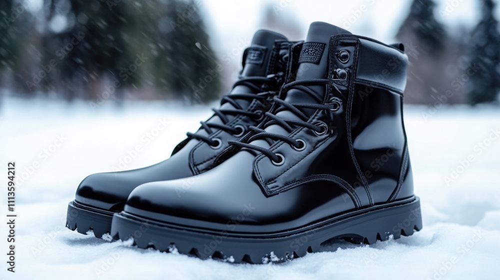 sleek black winter boots on a snowy ground, minimalist design, high-quality and modern aesthetic sleek black winter boots on a snowy ground, minimalist design, high-quality and modern aesthetic