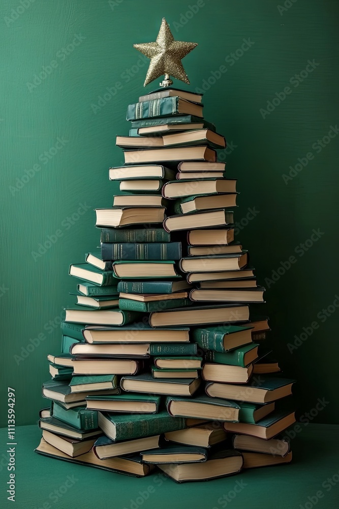 A Christmas tree crafted from books, set against a green background, symbolizing the holiday season and Reading Day A Christmas tree crafted from books, set against a green background, symbolizing the holiday season and Reading Day