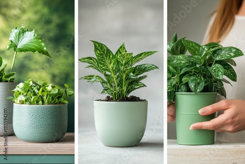 Green plants arranged harmoniously on a light green backdrop in a modern indo...