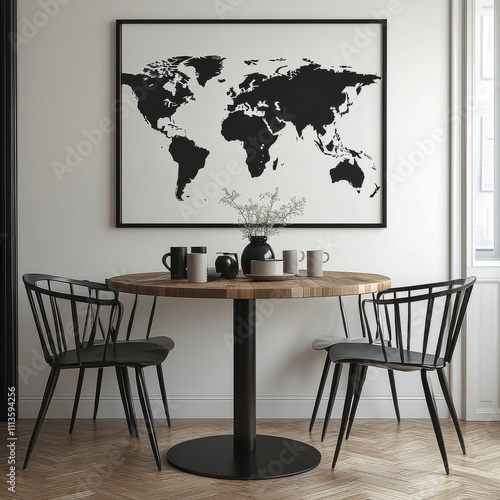 Modern dining area features a black and white world map and contemporary furn...