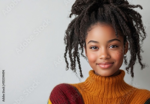 Young woman in cozy sweater smiles while working on laptop at home