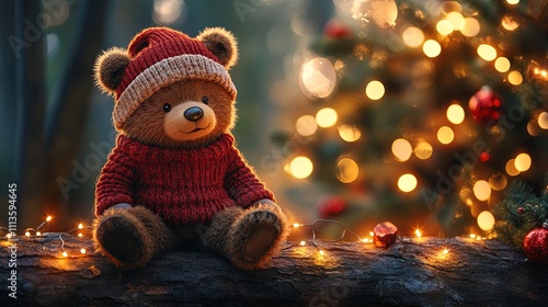 Wallpaper Mural A colorful, cartoon-style cozy bear wearing a warm sweater and hat sits on a log in front of a Christmas tree decorated with glowing lights Torontodigital.ca