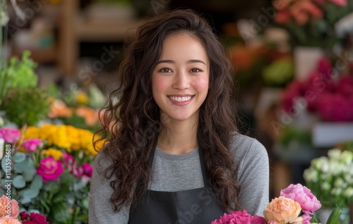 Smiling florist enjoying a vibrant flower shop filled with colorful blooms