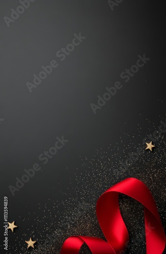 Red ribbon and golden stars create a festive background for holiday celebrations