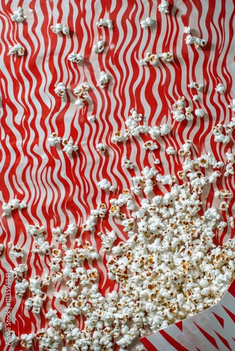 Fresh popcorn spills from striped bag on a textured surface during a movie night