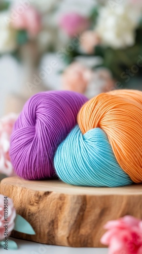 Display of colorful yarn balls in pastel shades arranged on a soft pink backg...