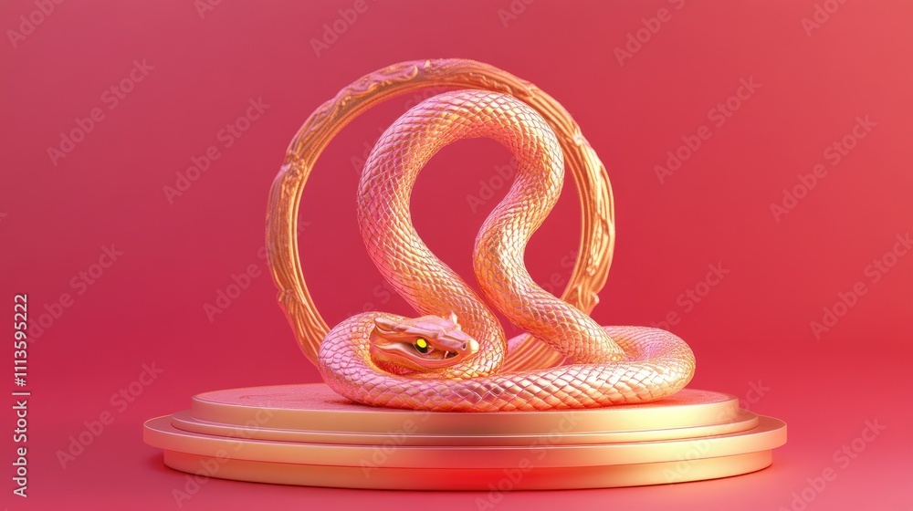 Obraz premium A stylized snake coiled around a circular pedestal, glowing against a pink background.