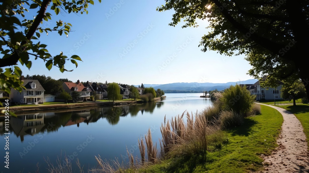 A scenic square trail lined with houses beside a tranquil lake under a clear blue sky, neighborhood, frame A scenic square trail lined with houses beside a tranquil lake under a clear blue sky, neighborhood, frame