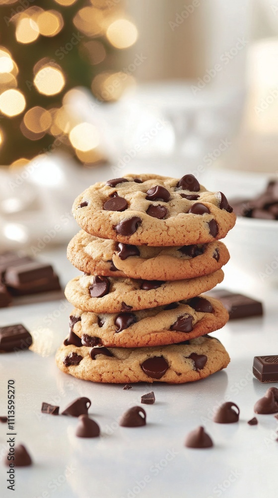 Soft chocolate chip cookies stacked on a table with festive decorations in the background Soft chocolate chip cookies stacked on a table with festive decorations in the background