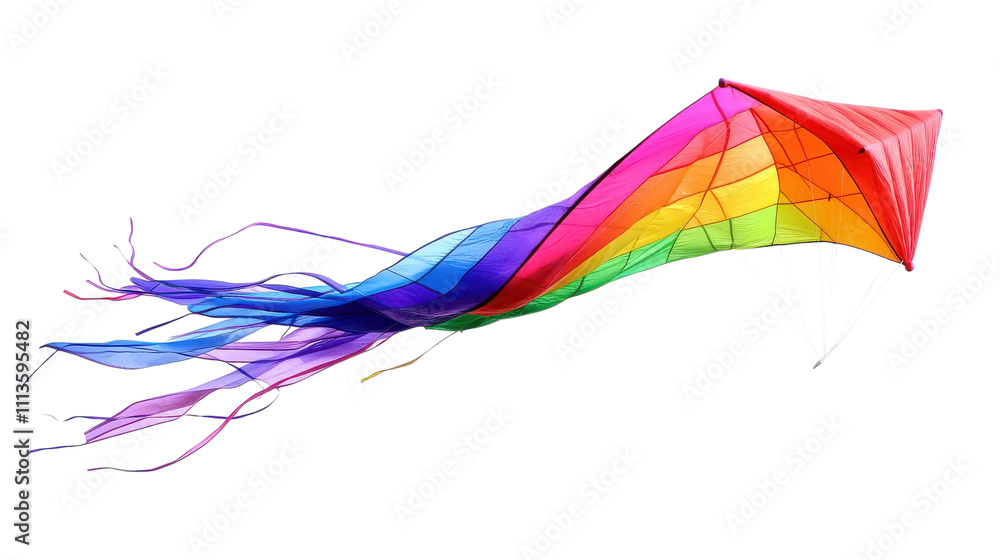 Obraz premium A vibrant kite with rainbow colors glides gracefully in the breeze, its long flowing tails trailing behind. A perfect day for outdoor fun and exploration