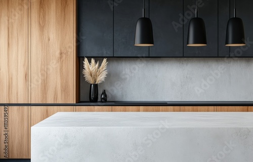 Modern minimalist kitchen interior with stylish bar and decor features