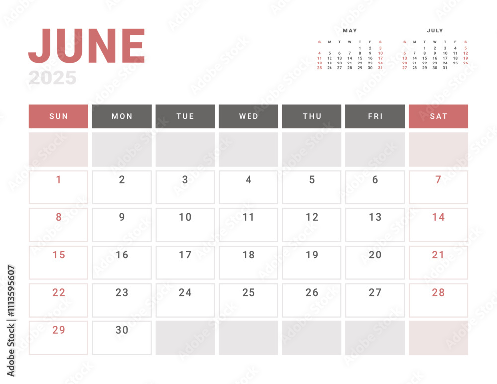 Monthly page Calendar Planner Template of June 2025. Vector layout of calendar with week start Monday for Scheduling. Page for size A4 or 21x29.7 cm Monthly page Calendar Planner Template of June 2025. Vector layout of calendar with week start Monday for Scheduling. Page for size A4 or 21x29.7 cm