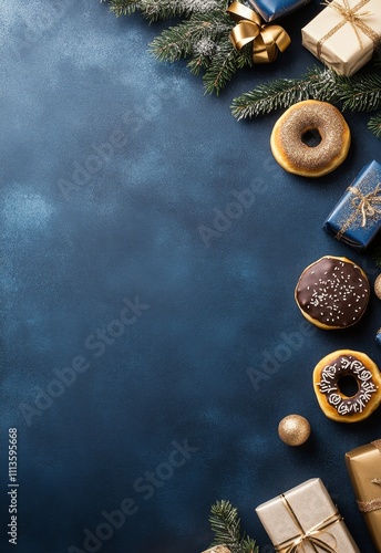 Delicious donuts and festive decorations on blue background for holiday celeb...