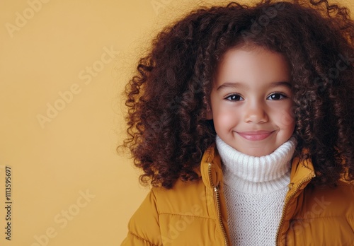 Young girl with curly hair poses in stylish outfit against orange backdrop
