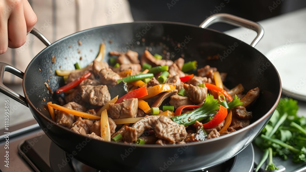 A sizzling wok stir fry with thin slices of beef, colorful vegetables, and a savory sauce, all cooking together to perfection, cooking with wok, Pan-Asian cuisine A sizzling wok stir fry with thin slices of beef, colorful vegetables, and a savory sauce, all cooking together to perfection, cooking with wok, Pan-Asian cuisine