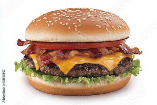 Delicious cheeseburger with crispy bacon and fresh lettuce served on a sesame...