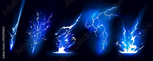 Lightning strike bolt silhouettes sequence vector illustration. Bright thunderbolts and zippers are natural phenomena isolated on a dark background. Thunderstorm electric effect of light shining flash