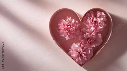 Flowers arranged in a heart shaped box on a light blue background