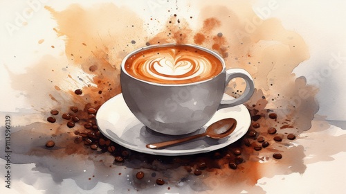 Beautifully crafted coffee cup with swirling patterns and coffee beans on a p...