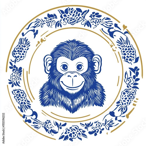 Cute chimpanzee portrait in floral frame. photo