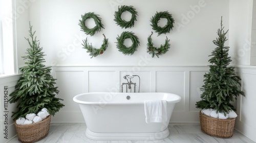 Elegant bathroom adorned with holiday wreaths and a festive tree during winte...