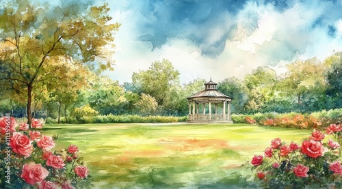 Beautiful garden with gazebo under bright blue sky surrounded by blooming ros...